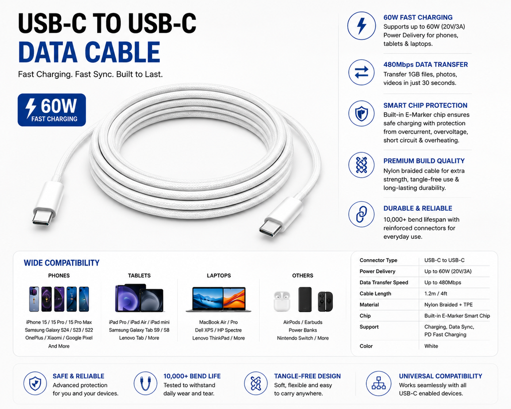 i-Top Type C 1 m Original Apple Type C to Type C MlU2Q83ZM/A (Compatible with iPhone, Apple, White, One Cable, USB Type C To USB Type C)