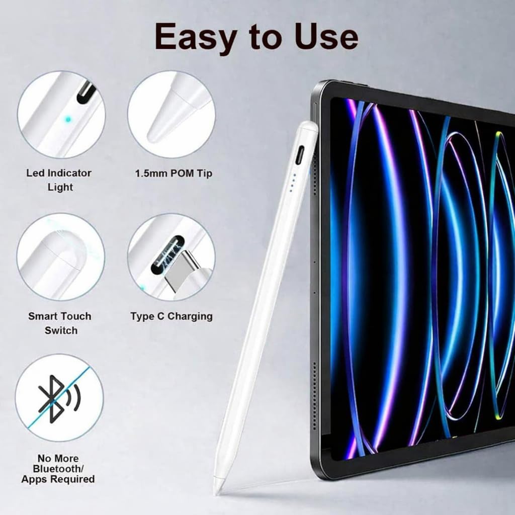 AppleAura Glide Stylus Pencil for iPads Only, Angle Tilt Sensitivity, Palm Rejection, Attaches Magnetically, Battery LED Indicator, Type-C Charging, Only for iPads Released Between 2020 & 2024