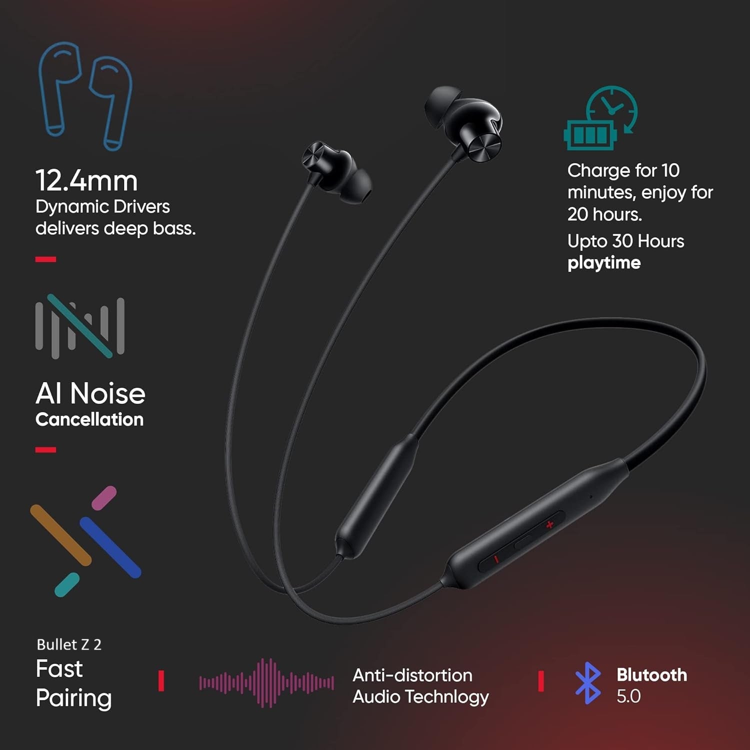 Bullet Z2 ANC Bluetooth in Ear Earphones with Mic, 45dB Hybrid ANC, Bombastic Bass - 12.4 mm Drivers, 10 Mins Charge - 20 Hrs Music, 28 Hrs Battery (Copy) (Copy)