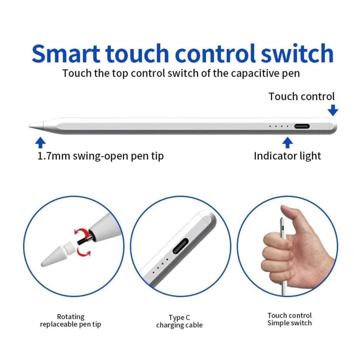AppleAura Glide Stylus Pencil for iPads Only, Angle Tilt Sensitivity, Palm Rejection, Attaches Magnetically, Battery LED Indicator, Type-C Charging, Only for iPads Released Between 2020 & 2024