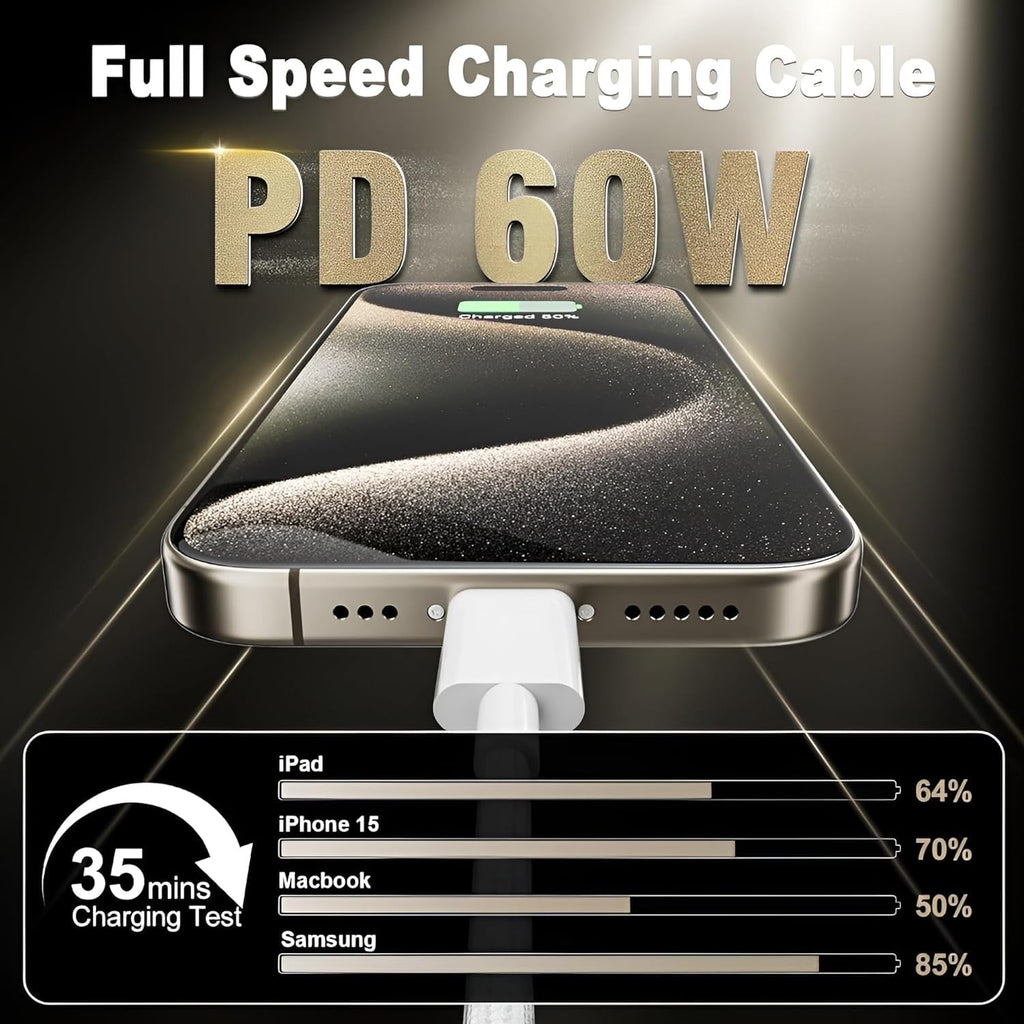 PowerTronics USB Type C to Type C 60W 3.1A fast charging Apple Data cable, Compatable for iPhone 15,16  1M long